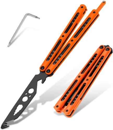 Vista 17 de Dispatch Cuchillo mariposa de entrenamiento Balisong sin afilar con hoja de acero inoxidable, mango 3Cr13 negro (con recortes) y traba