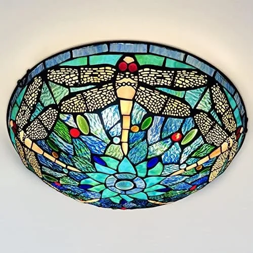 ARTZONE Tiffany - Lámpara de techo de vitral, 3 luces de 16 pulgadas, lámpara de techo Tiffany de montaje empotrado para dormitorio, comedor, sala