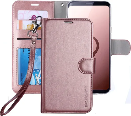 Funda tipo cartera para Galaxy S9, Galaxy S9, piel sintética de alta calidad, funda protectora con ranuras para tarjetas y soporte para Samsung Oro
