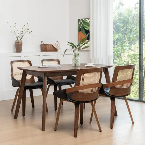 Vista 13 de Sillas de comedor de caña – Sillas de comedor modernas de mediados de siglo con marco de madera curvada de nogal, respaldo ergonómico de ratán