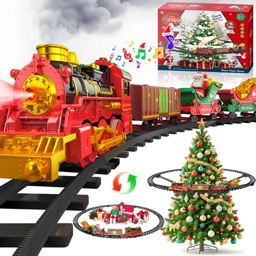 Juego de tren de Navidad colgante con luz/humo/sonido/música, juego de tren de juguete alrededor debajo del árbol de Navidad, regalo de juguetes de