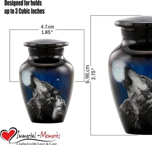 Vista 4 de Midnight Wolves - Urna de recuerdo de 3 lobos, mini urna de cremación para cenizas, urna de lobos aullando en la luna para compartir - Urna de lobo