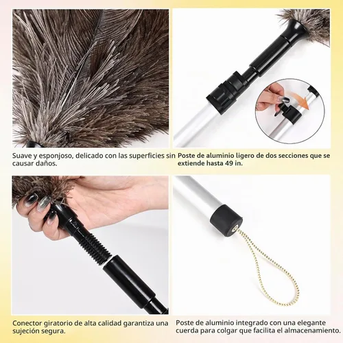 Vista 3 de Plumero extensible de avestruz de 26 a 49 pulgadas, plumero de limpieza natural con poste de extensión de aluminio reutilizable para techos altos