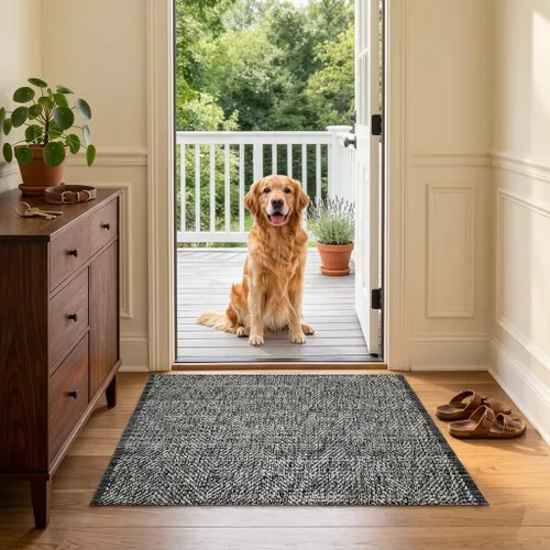 LEEVAN Alfombra lavable para baño, alfombra tejida negra de 2 x 3 pies para entrada, alfombra de puerta delantera de algodón, alfombras pequeñas