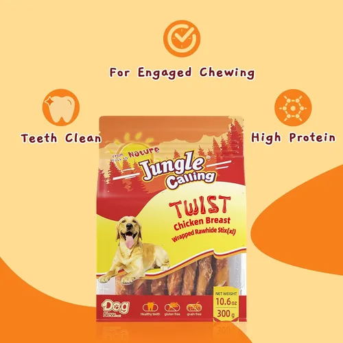 Vista 4 de Jungle Calling Golosinas para perros, palitos masticables de cuero crudo envueltos en pollo, masticables dentales altos en proteínas y bajos