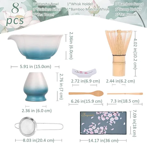 Vista 3 de Joyscale Juego de batidor de matcha, juego de batidor y cuenco, juego de 8 piezas de kit de matcha (diseño de loto), 11 onzas, juego de té Matcha