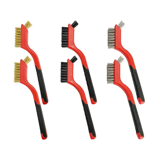 Juego de 6 cepillos de alambre para limpieza de alambre, latón, acero inoxidable y nailon resistente con mango curvado, cepillos de alambre para