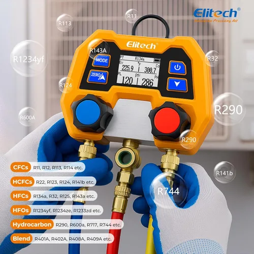 Vista 5 de Elitech Manómetro Digital de Colector para Sistemas HVAC, Refrigeración y Aire Acondicionado - Soporta Refrigerantes R410A/R454B/R134, Medición