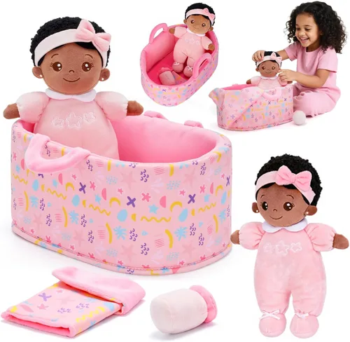 Vista 23 de OUOZZZ - Set de regalo de minimuñeca rosa de bebé afelpada de 10 pulgadas, muñeca de trapo afelpada para dormir, juguete para niños y niñas