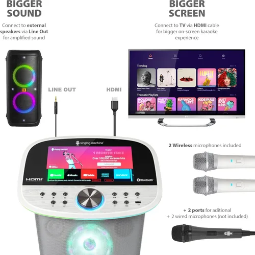 Vista 4 de Singing Machine Platinum Plus – Máquina de Karaoke Wi-Fi para Adultos y Niños con 2 Micrófonos Inalámbricos, Altavoz Bluetooth para Fiestas, Efectos