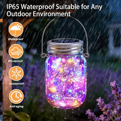 Vista 6 de VOOKRY Paquete de 6 luces solares para tarros de masón, 30 tapas LED para tarros de masón, impermeables, con 6 ganchos (sin tarros), para patio al