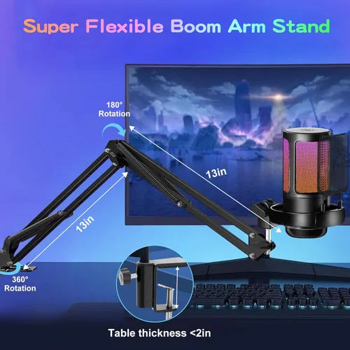 Vista 6 de KingSom - Micrófono USB para juegos, micrófono de condensador con cancelación de ruido con brazo articulado, micrófonos para podcast RGB