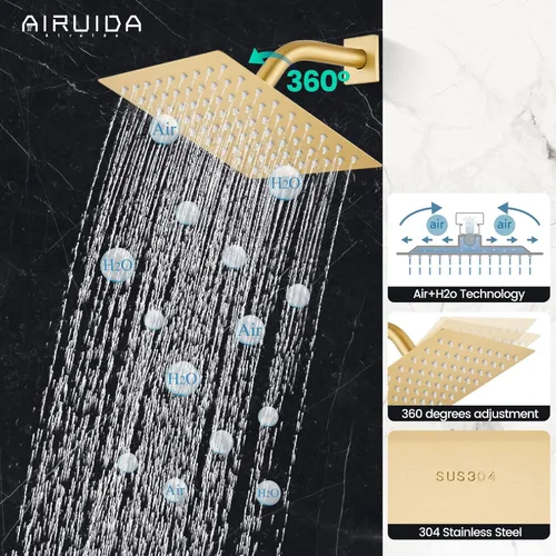 Vista 8 de Airuida Juego de grifo de ducha para baño, sistema de ducha de lluvia de 8 pulgadas, cabezal de ducha cuadrado de una sola función, 1 mango