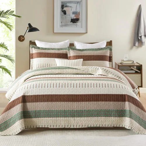 Vista 13 de PANGUSHAN - Juego de edredón tamaño Queen, 100% algodón, juego de ropa de cama, colcha reversible ligera de estilo granja con diseño de retazos, Azul