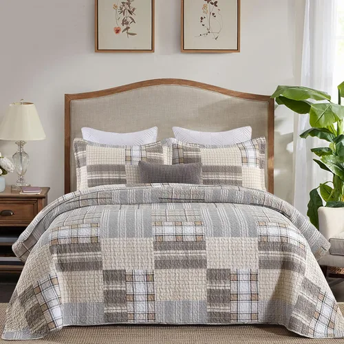 Vista 8 de PANGUSHAN - Juego de edredón tamaño Queen, 100% algodón, juego de ropa de cama, colcha reversible ligera de estilo granja con diseño de retazos, Azul