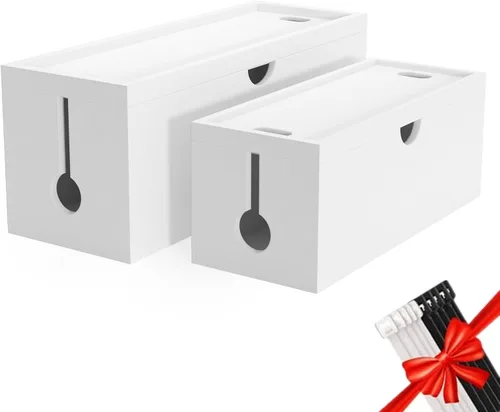 Vista 11 de Caja de organización de cables de bambú, caja organizadora de cables grande para ocultar cables y tiras de alimentación para almacenamiento
