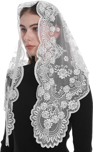 Vista 2 de Bozidol Velos triangulares de mantilla de capilla católica bordado de camelia corta bufanda de masa latina velo de encaje de iglesia con caja