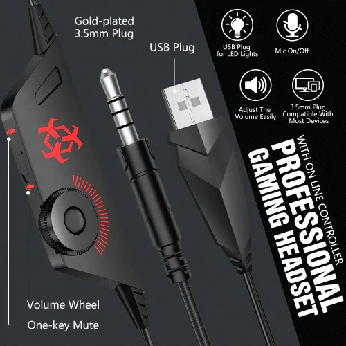 Vista 4 de BENGOO X-40 - Auriculares de diadema para Xbox One PS4 PC controlador cancelación de ruido con micrófono luz LED y graves envolventes para ordenador