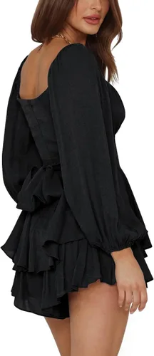 Vista 3 de LYANER - Enterizo con volados de manga larga estilo farol y con lazo, para mujer, rómper corto