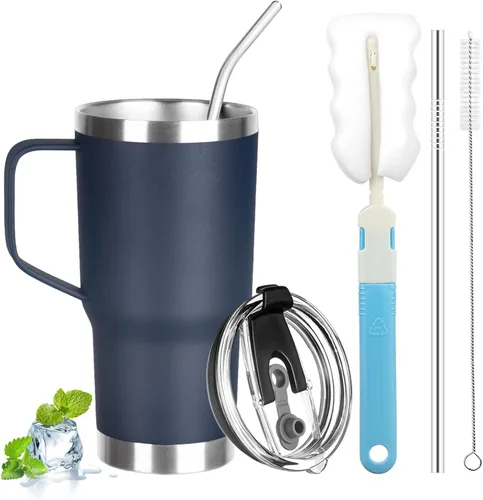 Vista 10 de Vaso de 20 onzas con asa, vaso aislado de acero inoxidable con tapa y pajilla, taza de café aislada al vacío de doble pared, taza térmica de café