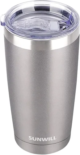 SUNWILL - Vaso para café de viaje de 20 onzas, taza aislada con tapa, taza de acero inoxidable para bebidas frías y calientes, gris claro