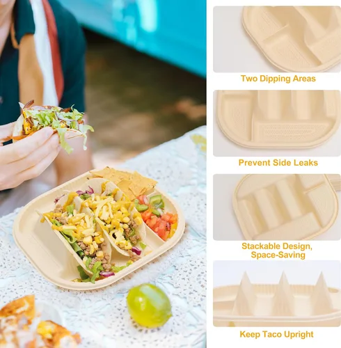 Vista 5 de Pequeños platos desechables para tacos con lados de inmersión, paquete de 100 unidades, soporte para tacos de almidón de maíz biodegradable