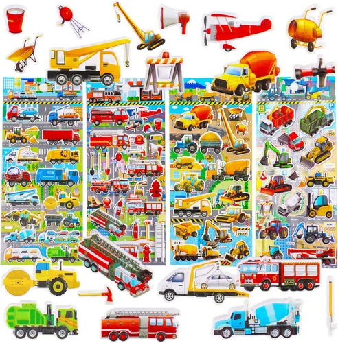 SHANGRLA Calcomanías 3D para camiones hinchados para niños pequeños, calcomanías reutilizables de espuma para vehículos con camión de bomberos,
