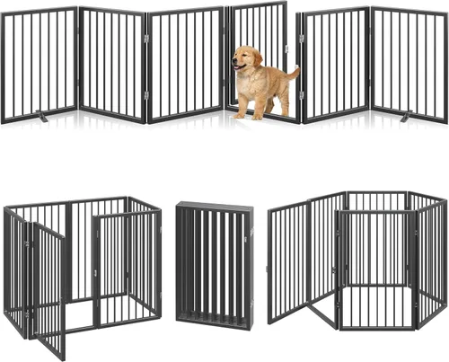 Vista 12 de Vantas Puerta plegable de metal para mascotas sin ensamblaje, puerta de 80" de ancho, puerta para perros de 24" extra alta con puerta de paso