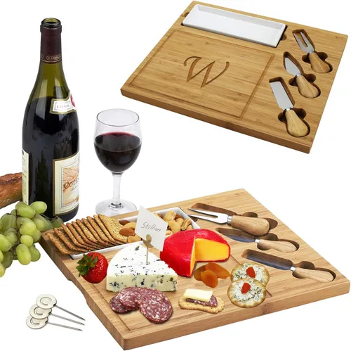 Vista 11 de Picnic at Ascot - Tabla de quesos de bambú grabada, personalizada, con 3 cuchillos de queso, plato de cerámica y marcadores de queso, diseño