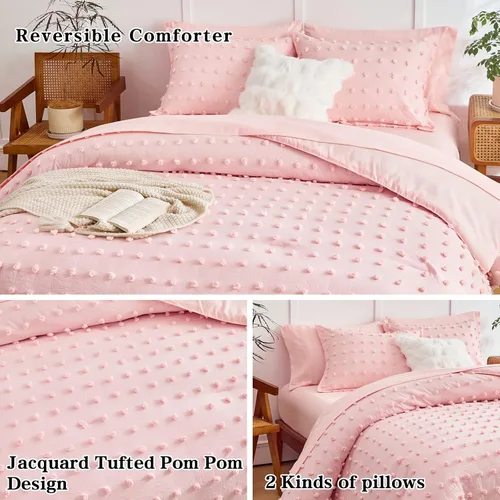 Vista 4 de Juego de edredón Twin "Bed in a Bag" de 6 piezas con puntos acolchados para niñas, color rosa, suave y con bordado, estilo Shabby Chic Boho