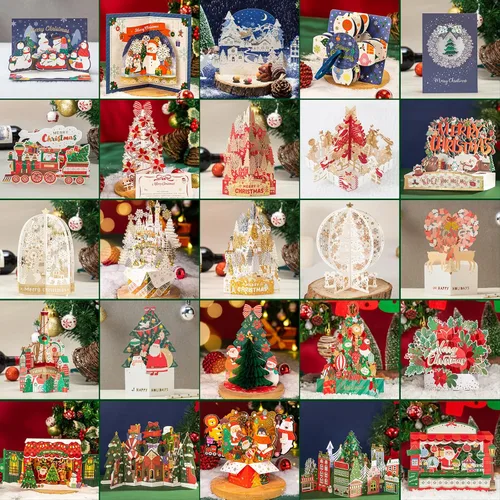 WISHGIFT 25 tarjetas de Navidad 3D, tarjetas de Feliz Navidad hechas a mano, tarjetas de felicitación y sobres para Navidad