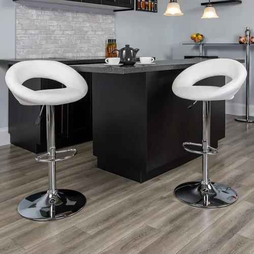 Vista 2 de Flash Furniture Anthony - Juego de 2 taburetes de bar de vinilo blanco contemporáneo redondeado estilo órbita con altura ajustable con base cromada