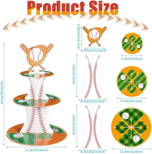 Vista 2 de Nuenen Soporte para cupcakes con temática de béisbol, decoración de fiesta temática de 3 niveles, soporte para cupcakes, baloncesto, béisbol