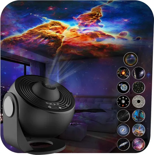Vista 9 de Proyector de estrellas, proyector de planetario mejorado para dormitorio, proyector educativo de galaxia de audio con 13 discos Galaxy reemplazables