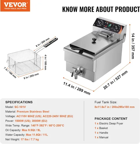 Vista 7 de VEVOR Freidora Profunda Comercial, Freidora Eléctrica de Encimera de 1500W con Cesta, Freidora de Acero Inoxidable de 11.6Qt / 11L de Aceite Único