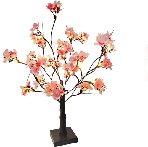 Árbol de cerezo iluminado, 21.7 pulgadas, 24 luces LED artificiales de mesa de cerezo bonsái, funciona con pilas, decoración de árbol de flores
