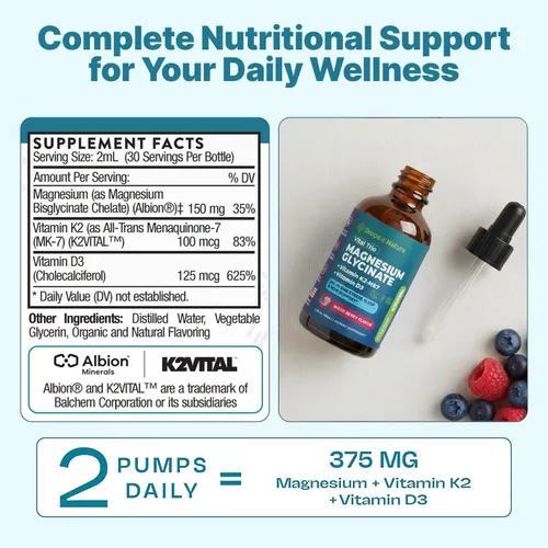Vista 3 de Suplemento de glicinato de magnesio, vitamina K2 y D3, sin OMG, suplemento vitamínico VIT D MK7 K2 y mezcla de magnesio, con nutrientes