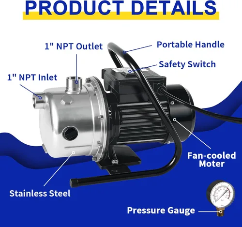 Vista 6 de LANCHEZ Bomba de pozo poco profundo, bomba de riego de jardín de acero inoxidable, bomba de transferencia de agua de 115 V, bomba de chorro