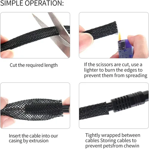 Vista 4 de Protector de cable expandible de PET negro y azul para cable de carga USB, cable de alimentación, cable de audio y video, puede proteger al perro