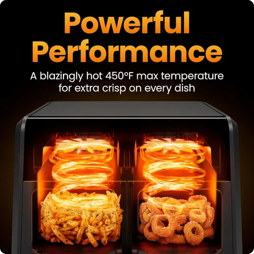 Vista 7 de Chefman Horno freidora de aire doble con motor de CC, freidora de aire de doble cesta de 9 cuartos de galón con temperatura máxima de 450 °F
