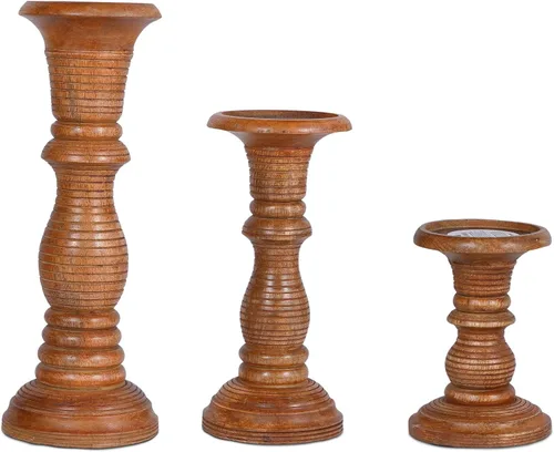 Vista 12 de Gramercy Portavelas para velas de pilar (natural, juego de 3) – Juego de portavelas de madera de mango con estampado esmaltado – Pilar portavelas