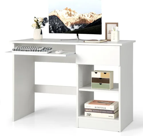 Vista 28 de Escritorio para computadora con gabinete y bandeja para teclado, estación de trabajo de oficina en casa con cajón, estantes ajustables, mesa de Negro