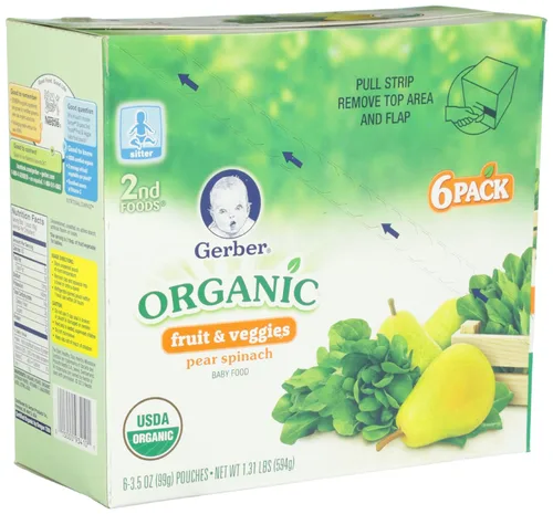 Vista 2 de Gerber 2nd Foods Orgánica, espinaca de pera (6 unidades, 3.5 onzas cada una)