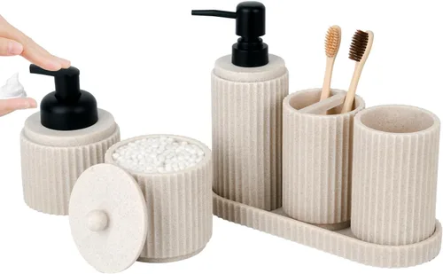 Juego de accesorios de baño beige - 6 piezas: soporte para cepillo de dientes, dispensadores de loción y jabón espumoso, soporte para hisopos,