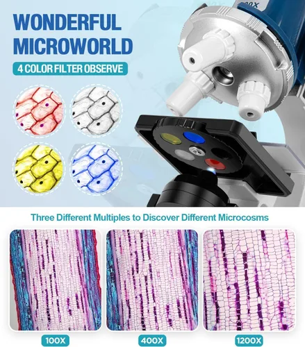 Vista 4 de Kit de microscopio para niños de 58 piezas, aumento de 100X-1200X, cuerpo de metal, luz LED, caja de transporte, juguete de experimento científico