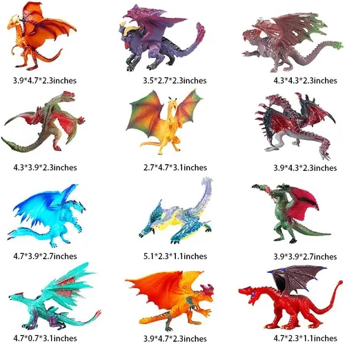 Vista 2 de Hiawbon Kit de 12 figuras de dragón de 3 pulgadas, pintadas a mano, modelos de dragón de plástico para decoración del hogar, estado al aire libre