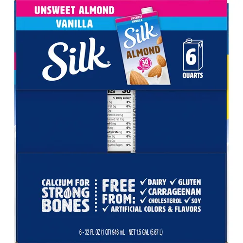 Vista 9 de Silk - Leche de almendras de larga duración, sin endulzar, sin lácteos, vegano, verificado por el Proyecto Non-GMO, 1 cuarto, paquete de 6