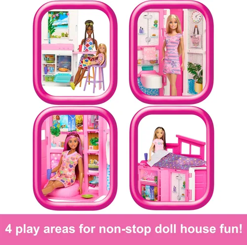 Vista 5 de Barbie Juego de casa de muñecas, casa escapada con 11 accesorios que incluyen 2 sillas, 4 áreas de juego y juego de 360 grados