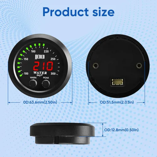 Vista 4 de Medidor universal de temperatura del agua de 2.047 in con alarma y sensor de 1/8 Npt Medidor digital para automóvil, pantalla roja, temperatura