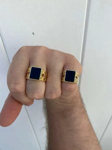 Vista 4 de Anillo de oro de 14 quilates sobre plata de ley 925 maciza real, anillo de ónix negro natural, anillo rectangular de hip hop, precioso anillo